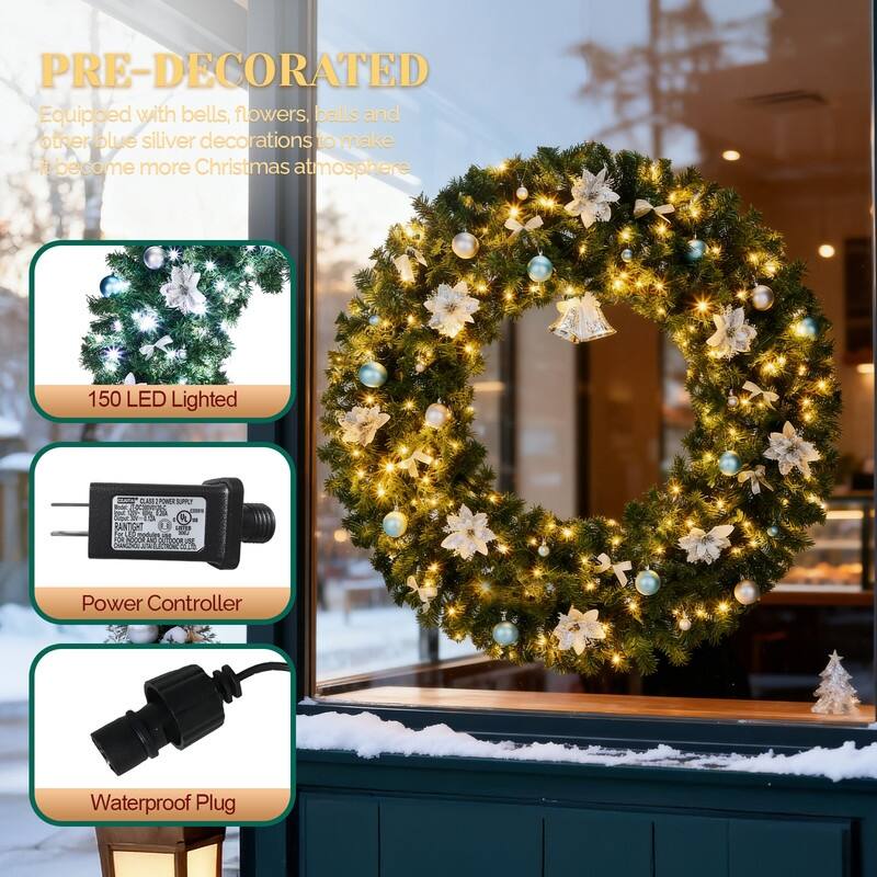 Pre-lit Christmas Wreath, Lighted Artificial Xmas Wreath with Lights and DIY Ornaments, for Xmas Party Decorations