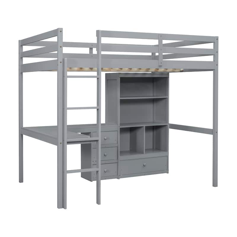 Full Loft Bed with Desk, Shelves, Drawers, and Guardrails - High Loft with Built-in Ladder and Ample Storage