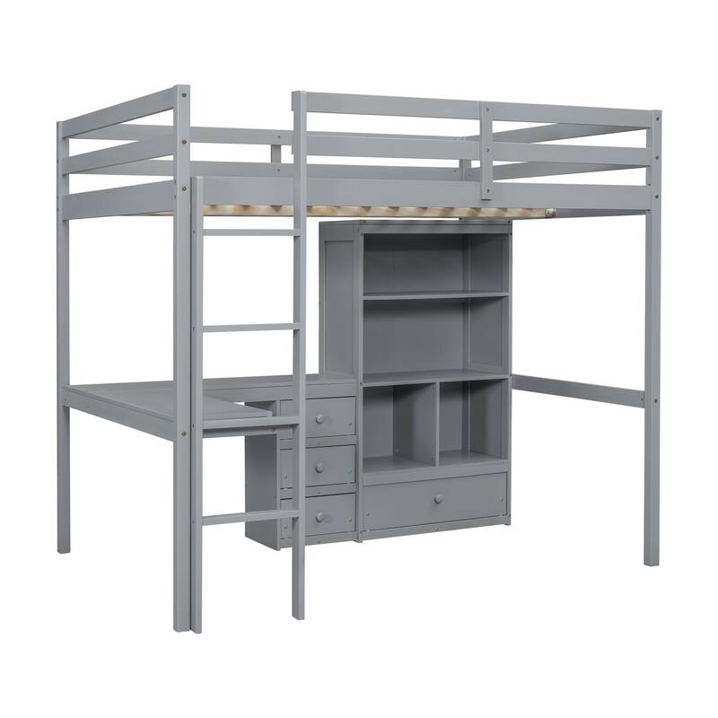 Full Size Loft Wood Bed with Desk, Storage Shelves, Drawers, and Built-in Ladder, Grey
