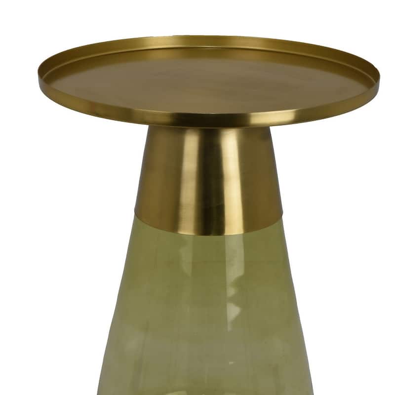 Palio Plant Stand Accent Table, Round Gold Metal, Green Glass Tapered