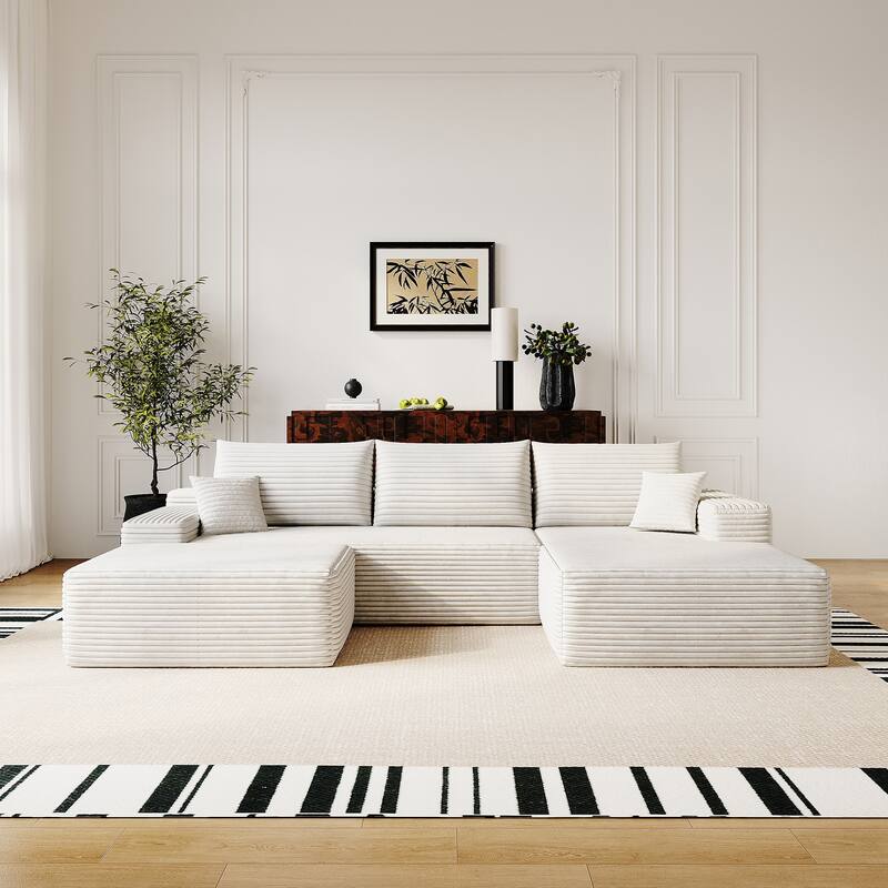 Symmetrical U-shaped Sectional Sofa with Right Facing Chaise Lounge and Ottoman, Corduroy Upholstered Modular Deep Seat Couch