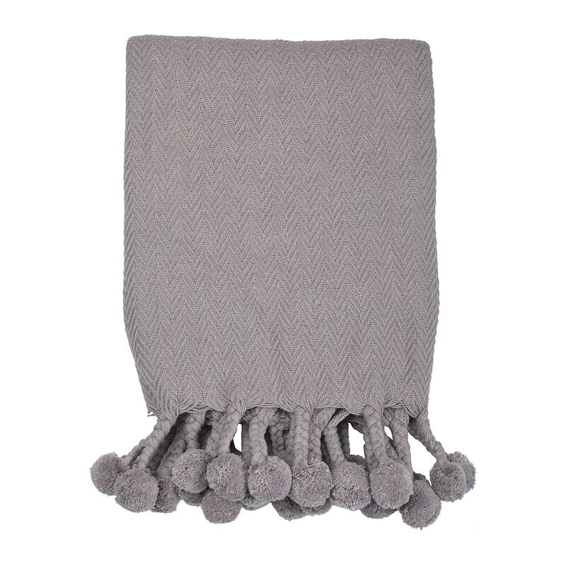 Woven Cotton Pom Pom Throw - Grey