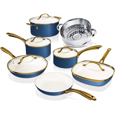 Gotham Steel Cream/Navy 12 pc Nonstick Cookware Set