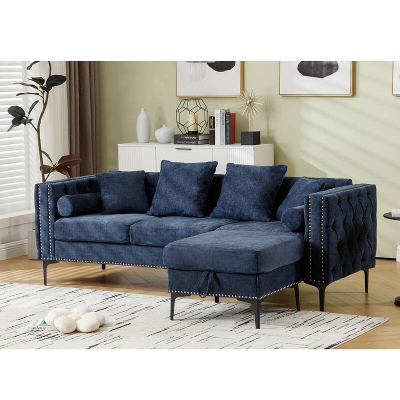 85'' L-Shaped 4 Seater Sectional Sofa with Convertible Storage Ottoman, Pillows, Solid Wood Frame, Modern Tufted Design