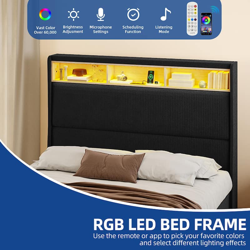 Moasis Corduroy Upholstered Platform Bed Frame with Charging Station and RGB LED Lights