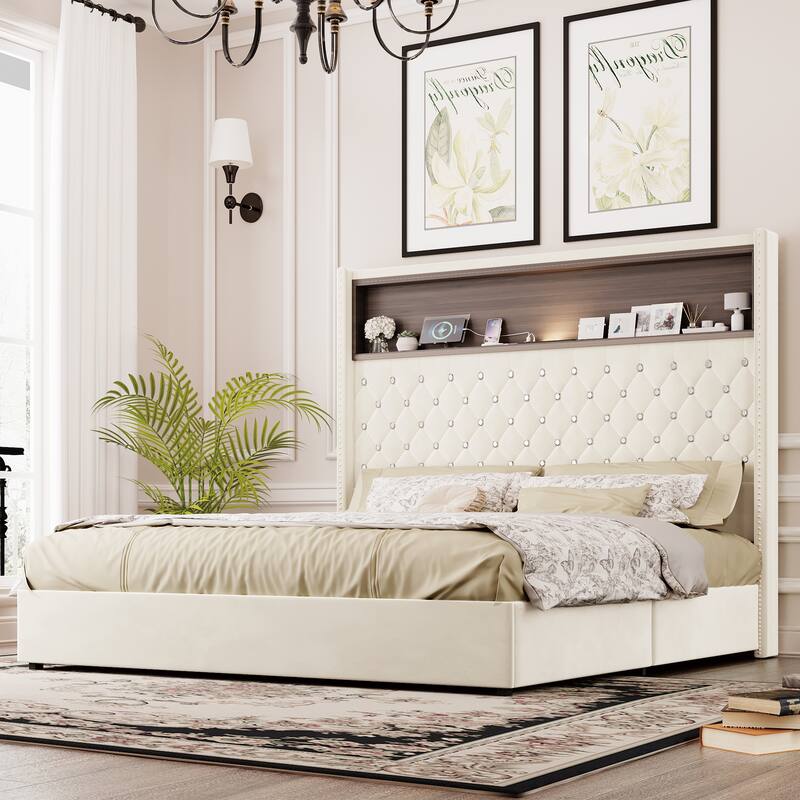 Roomfitters Velvet Tufted Platform Bed with Charging Ports, Tall Wingback Headboard with Rivet Trim and Shelf