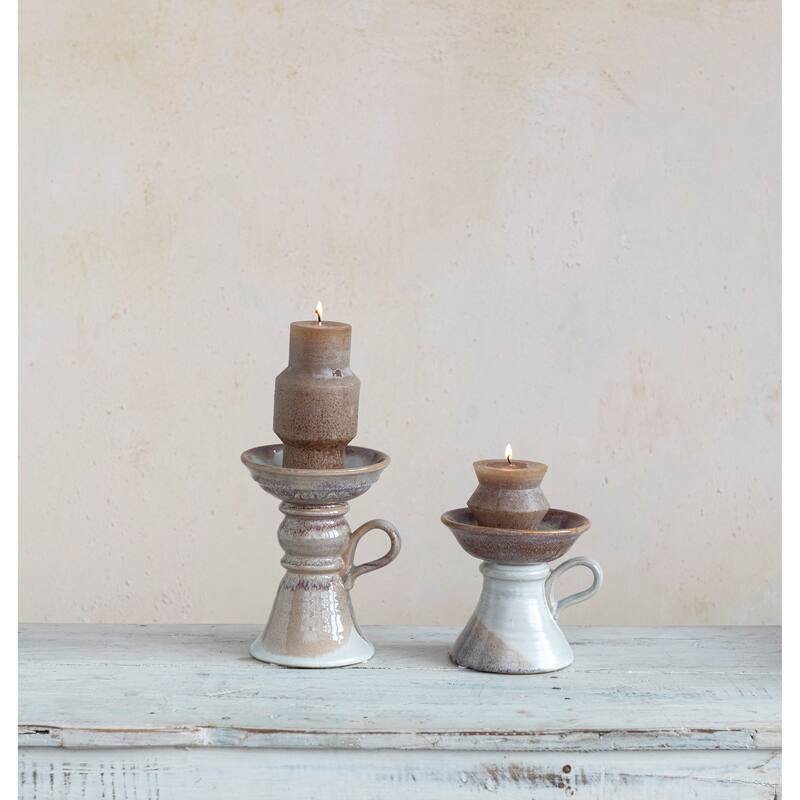 Stoneware Pillar Candle Holder with Handle and Reactive Glaze - 7-1/2"H Stoneware Pillar Holder w Reactive Glaze