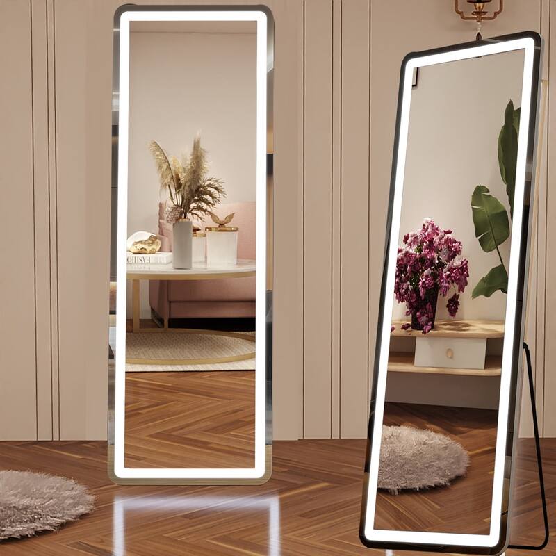Floor Mirror with LED Light, 64" x 21" Full Length Mirror with Stand, Hanging Mirror Wall Mounted Mirror Full Body Mirror - Black