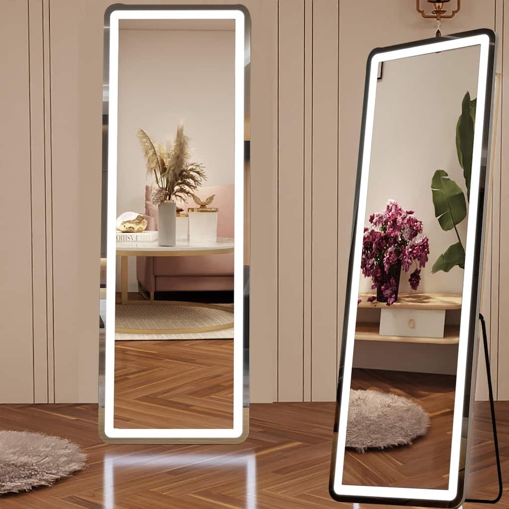Floor Mirror with LED Light, 64" x 21" Full Length Mirror with Stand, Hanging Mirror Wall Mounted Mirror Full Body Mirror