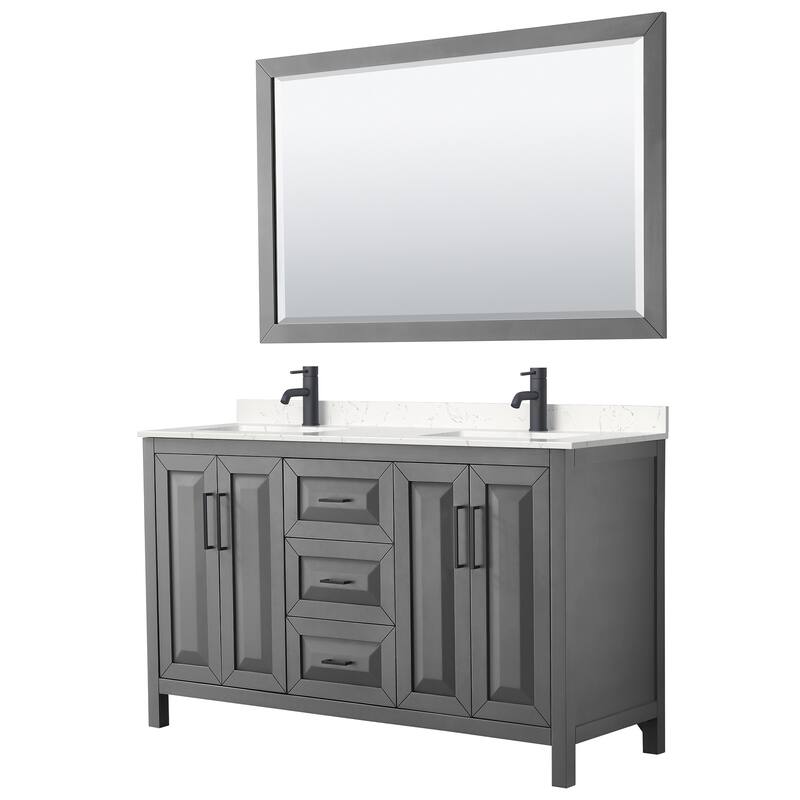 Daria 60 Inch Double Vanity, Cultured Marble Top, 58 Inch Mirror - Dark Gray, Black Trim, Carrara Cultured Marble Top