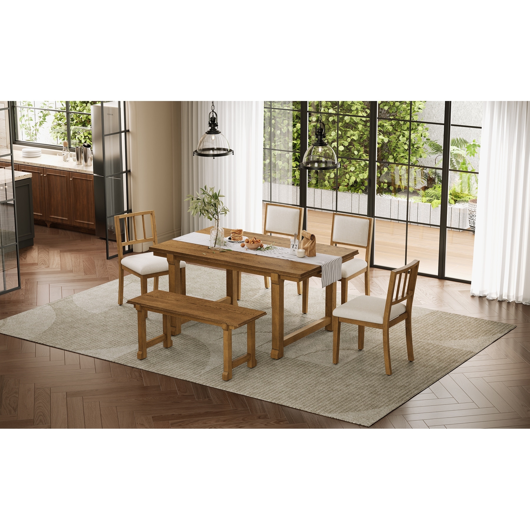 Farmhouse 6-Piece Dining Set with Solid Wood Legs and Ergonomic Upholstered Chairs and Bench