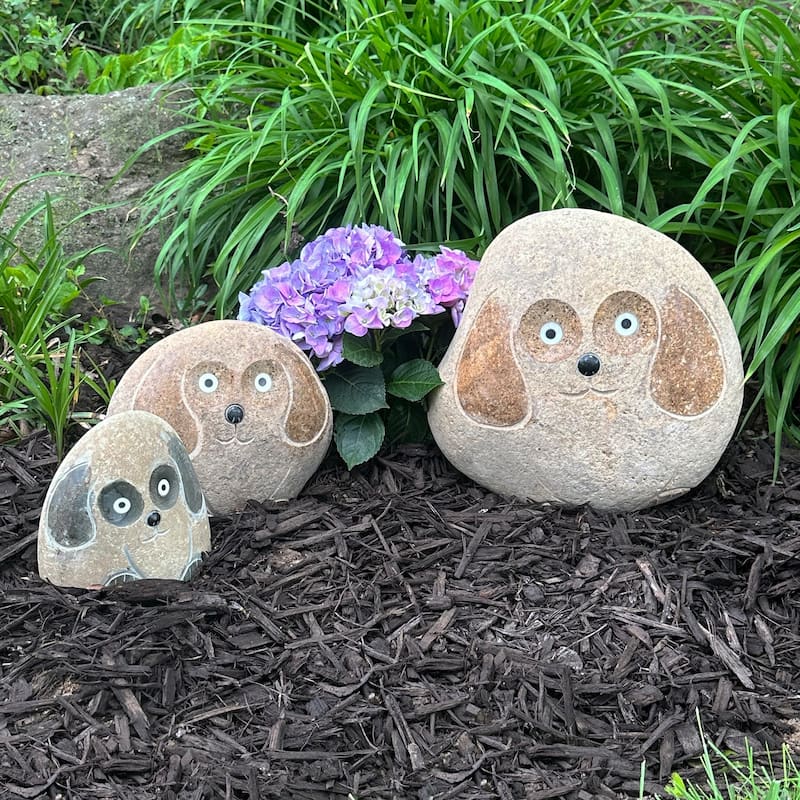 Natural Granite Boulder Animal Statues - 3 Piece Families - Dog, Angry Bird, Hedgehog, Cat, Owl, or Turtle - Dog