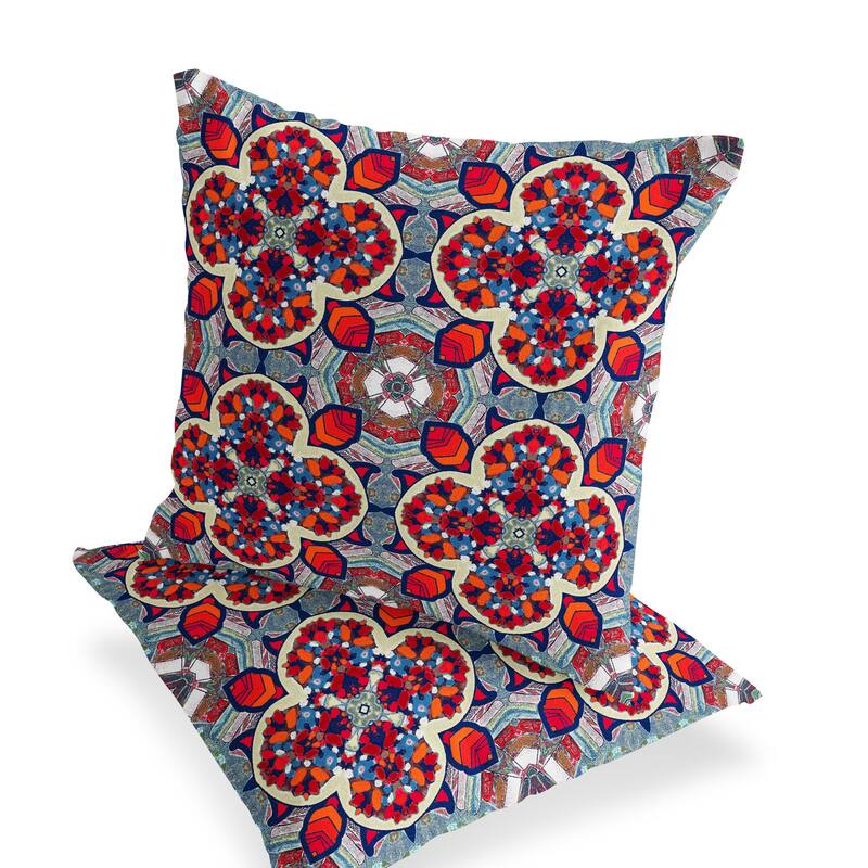 HomeRoots Set of Two 16" X 16" Blue and Orange Blown Seam Floral Indoor Outdoor Throw Pillow - 16.00' X '16.00' X '5.00
