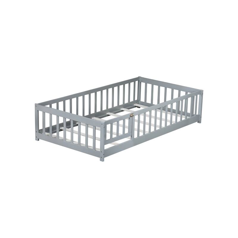 Twin Size Floor Bed With Fence And Door,Rubber Wood Floor Bed With Safety Guardrails