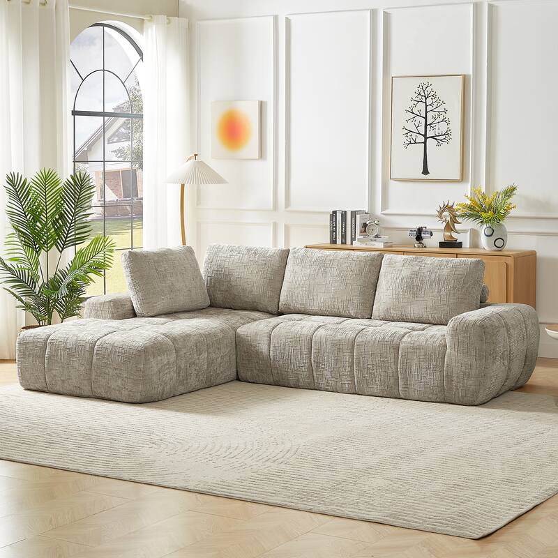 Modern Convertible Compressed Couch L-shaped Sectional Sofa with Chaise, Available Khaki Chenille or Dark Blue Corduroy