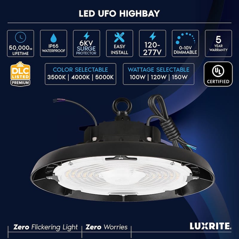 Luxrite 100/120/150W UFO High Bay LED Shop Lights, Up to 22500 Lumens, 3CCT, 5FT Hardwire Cable, IP65, UL 2 Pack