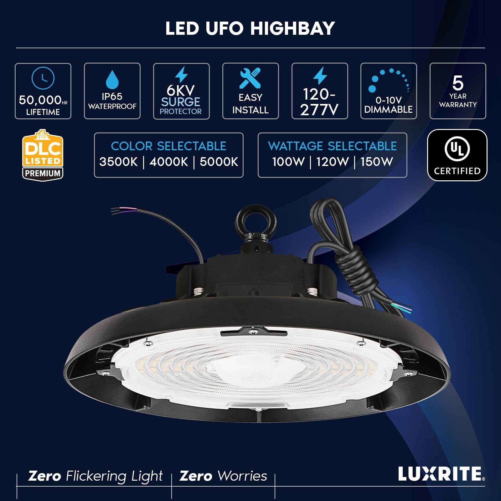 Luxrite 100/120/150W UFO High Bay LED Shop Lights, Up to 22500 Lumens, 3CCT,  5FT Hardwire Cable, IP65, UL Listed Bed Bath  Beyond 38256082