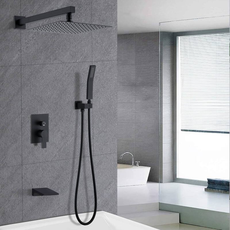 12 Inch Shower System With Waterfall Tub Spout And Handheld Sprayer Rain Wall Mount Tub Shower Faucet Set With Rough-in Valve - Matte Black