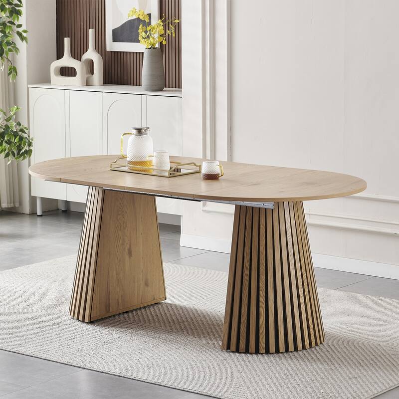 Wooden Dining Table, Flexible and Extendable, Multi-functional and Space-saving, Fashionable Oval Design and Slatted Table Legs - Natural Wood
