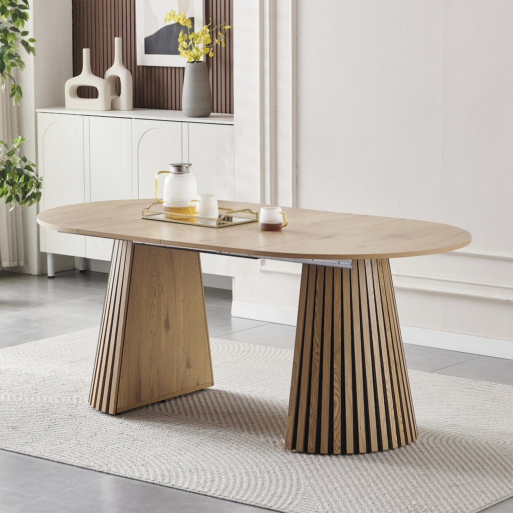 Wooden Dining Table, Flexible and Extendable, Multi-functional and Space-saving, Fashionable Oval Design and Slatted Table Legs