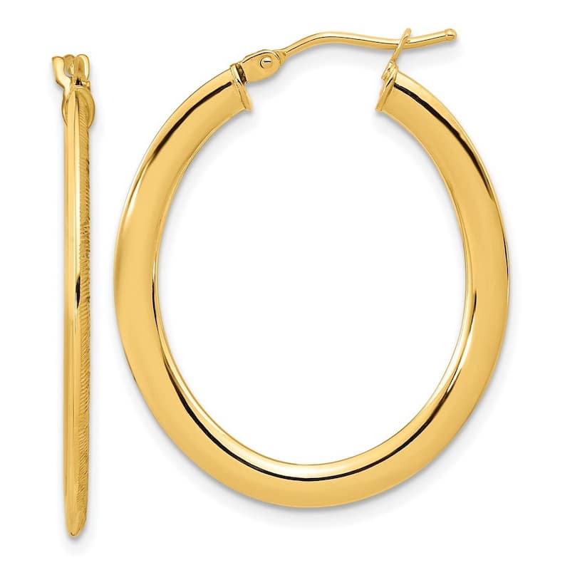 Curata 14k Yellow Gold Polished Textured Oval Hoop Earrings - 31.27x26mm