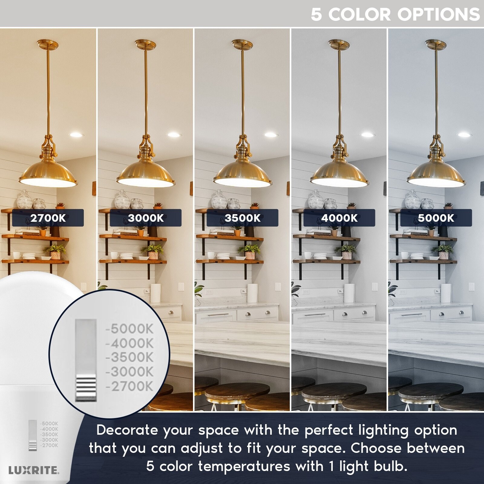 Luxrite A19 LED Light Bulb 100 Watt Equivalent CRI90 5CCT Dimmable 1600LM 15W E26 ETL 4 Pack Bed Bath Beyond 39308661