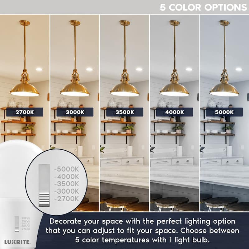 Luxrite A19 LED Light Bulb 100 Watt Equivalent CRI90 5CCT Dimmable 1600LM 15W E26 ETL 6 Pack