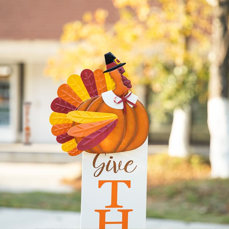 Glitzhome Fall Thanksgiving Metal Turkey Pumpkins Yard Stake