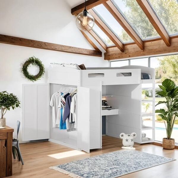 slide 2 of 20, Full Size Loft Bed with Desk, Wardrobes, 4 Drawers and 4 Shelves, White White