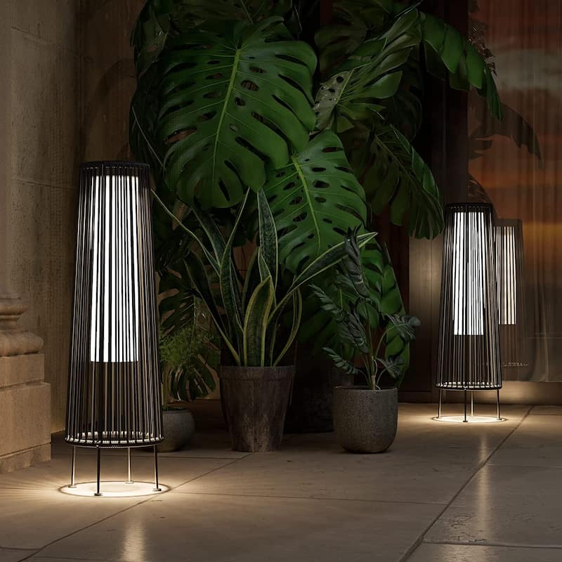 Outdoor Floor Solar Light 2-Pack, All-Weather Wicker Solar Patio Lamp Waterproof Outside Solar Deck Lamp for Porch, Yard, Garden