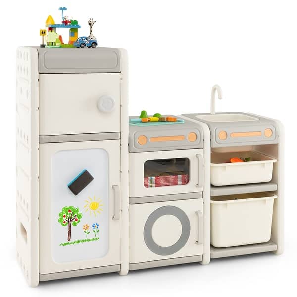 slide 2 of 9, Gymax Kids Toy Storage Organizer Multipurpose Bookshelf w/ Magnetic Beige + Grey