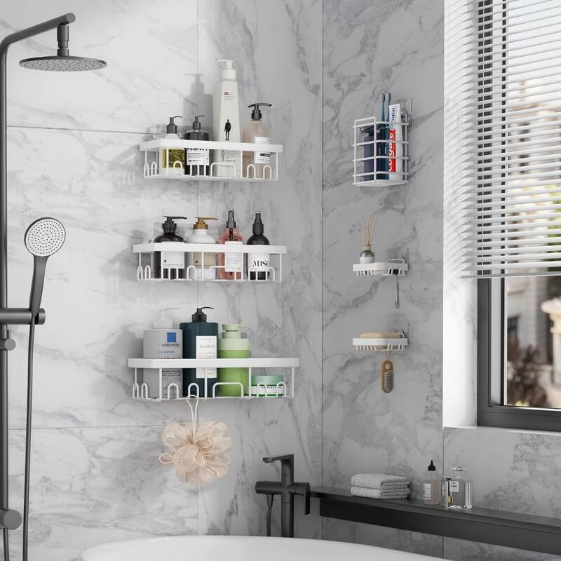 6-Pack Stainless Steel Shower Shelves, Large-Capacity Bathroom Organization and Storage.
