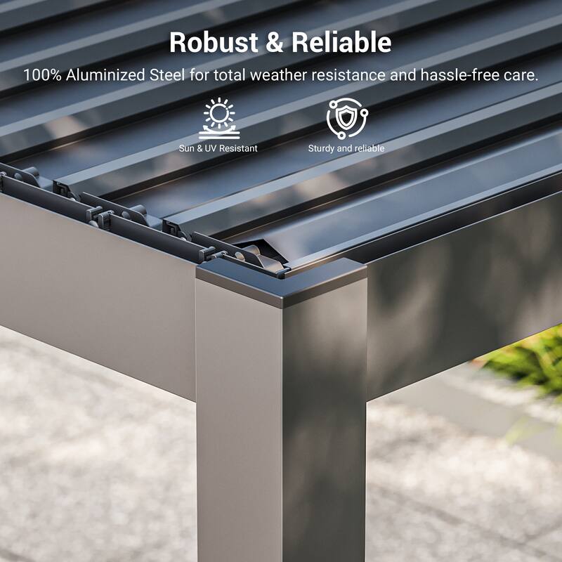 Outdoor Metal Solar LED Louvered Pergola with Adjustable Roof