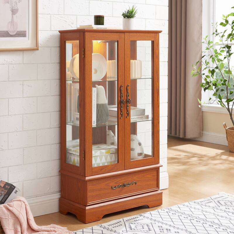 Glass Cabinet Lighted Glass Cabinet Curio Display Cabinet With Adjustable Glass Shelves 2 Doors And 1 Drawer Cabinet - Dark Oak