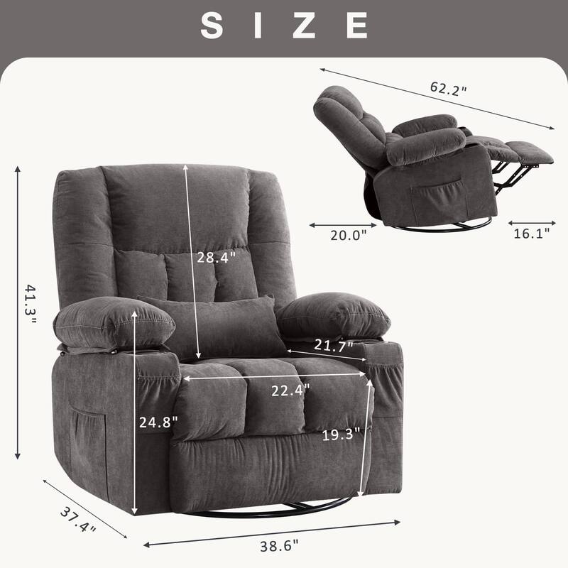 Swivel Rocker Recliner Chair with Vibration Massage, Ergonomic Chair with Side Pocket, 2 Cup Holders, USB Charge Port