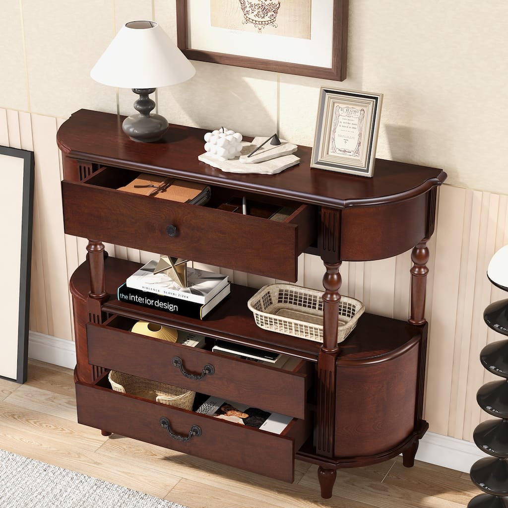 Retro Curved Narrow Sofa Accent Table, 43" Wooden Entryway Console Table with 3 Drawers and Open Shelf, Solid Wood Legs