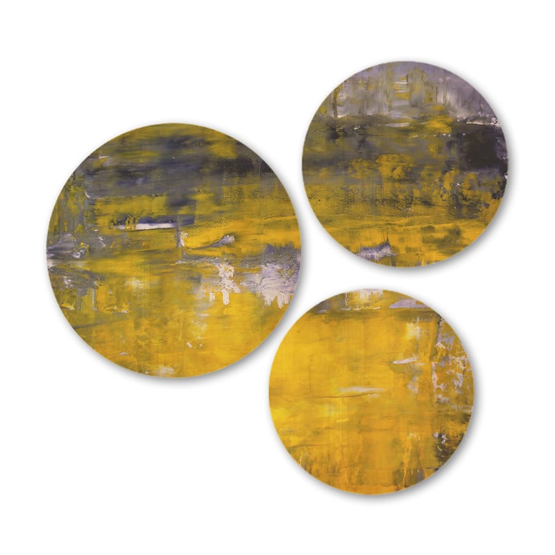 Designart 'Grey and Yellow Abstract Art' Modern Wood Wall Art Set of 3 Circles
