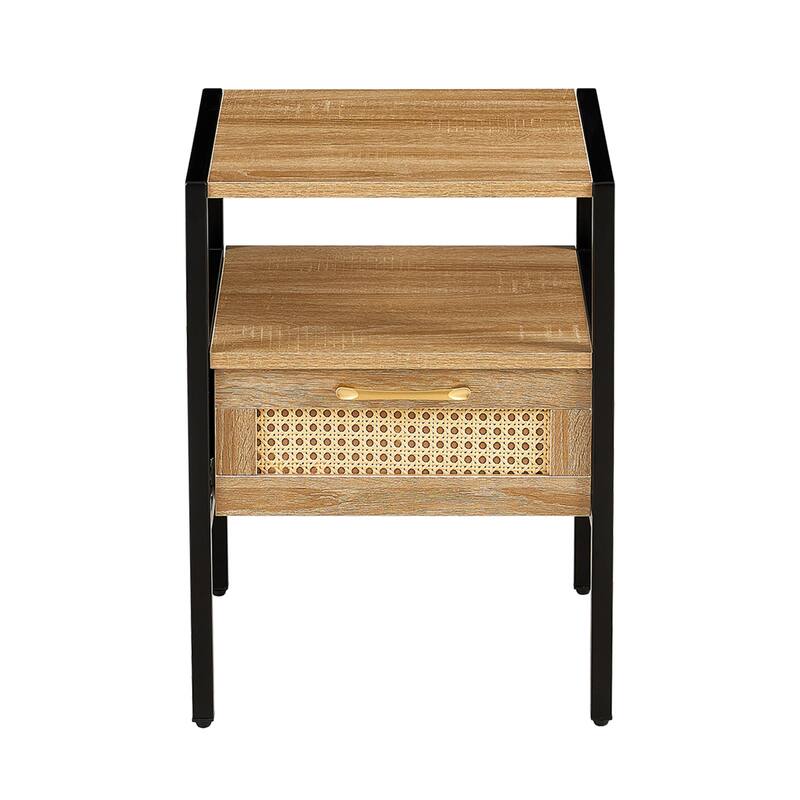 Rattan Side Table with Drawer, 15.75" Modern Nightstand, Metal Legs, Natural Wood Accent for Living Room & Bedroom