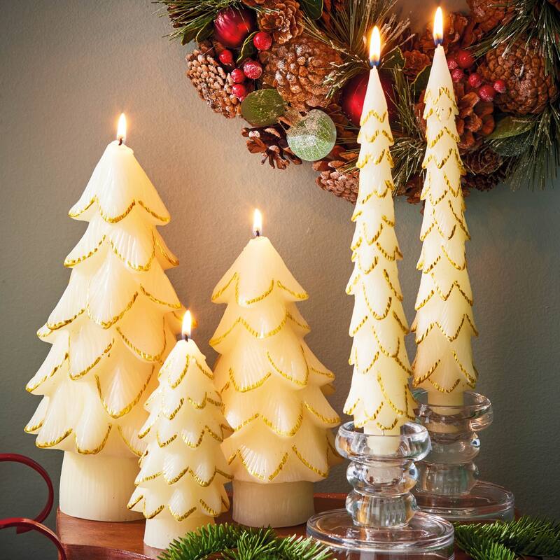 Gilded Pine Tree Ivory Candle Sculpted Christmas Decor 2.5x2.5x5 in 7hr Burn Time Paraffin Wax Novelty Candle