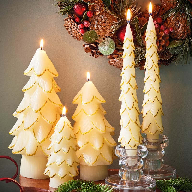Gilded Pine Tree Ivory Taper Candle Set of 2 Christmas Decor Paraffin Wax 10 Inch Tall Wipe Clean