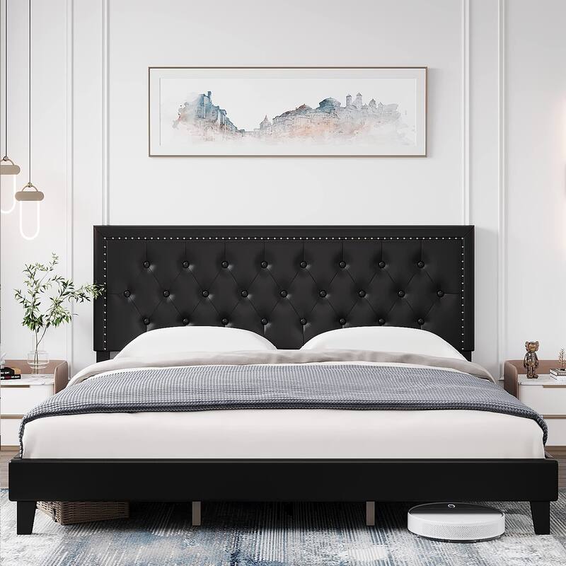 Upholstered Bed Frame with Adjustable Headboard - Black - King