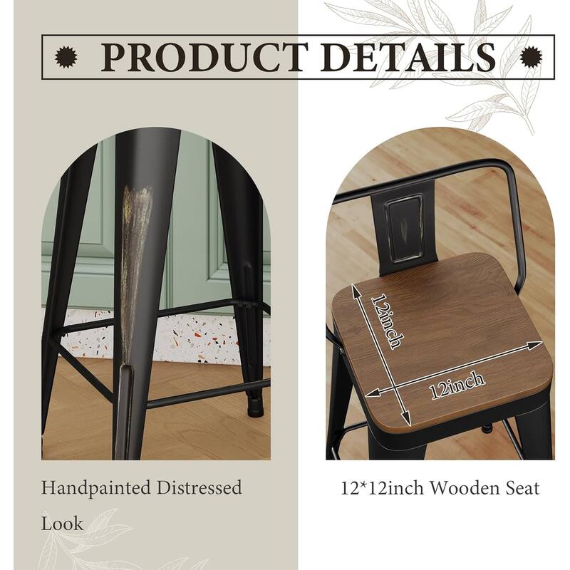 Industrial Style Counter Stools with Metal Frame 24" Kitchen Counter Height Stools with Low Back and Wooden Seat