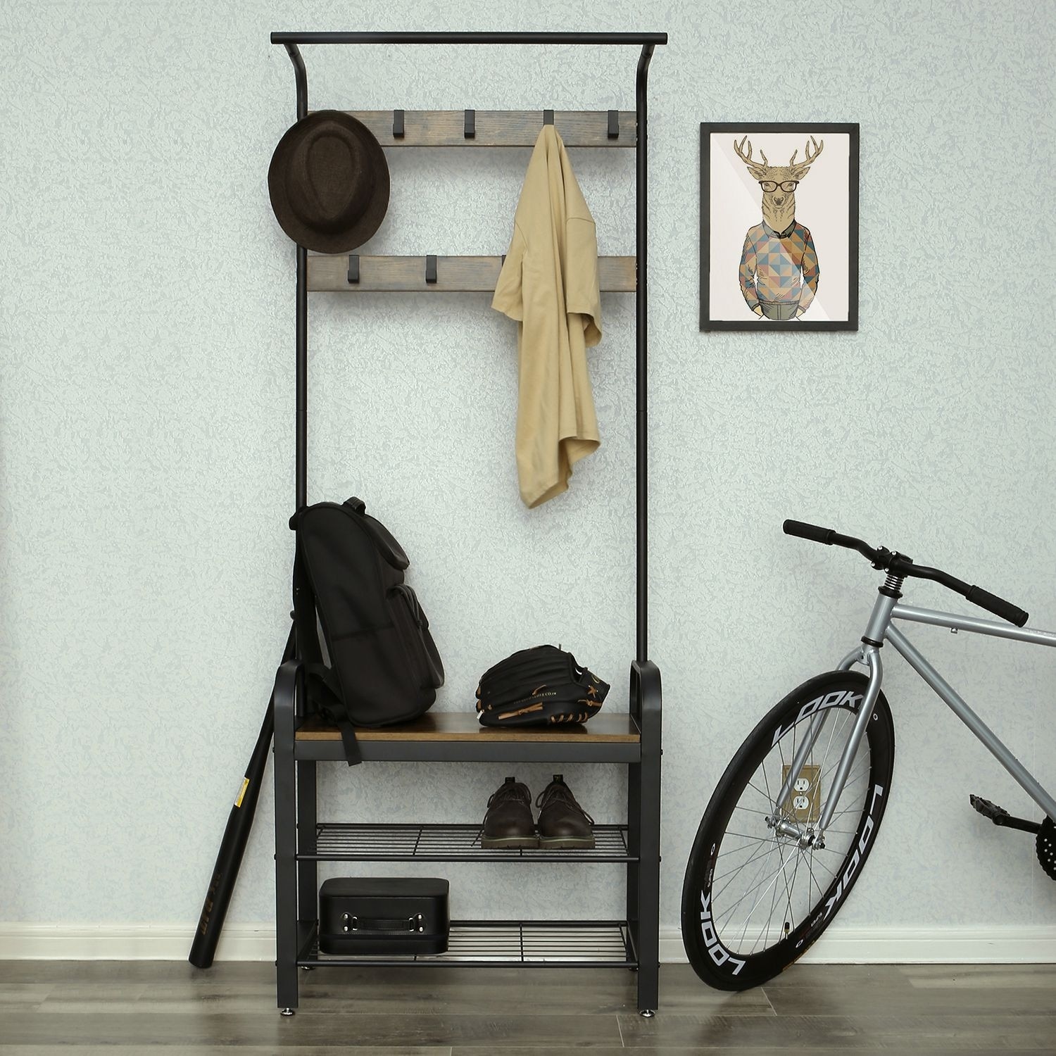VASAGLE Industrial Coat Rack Hall Tree with Shoe Bench for