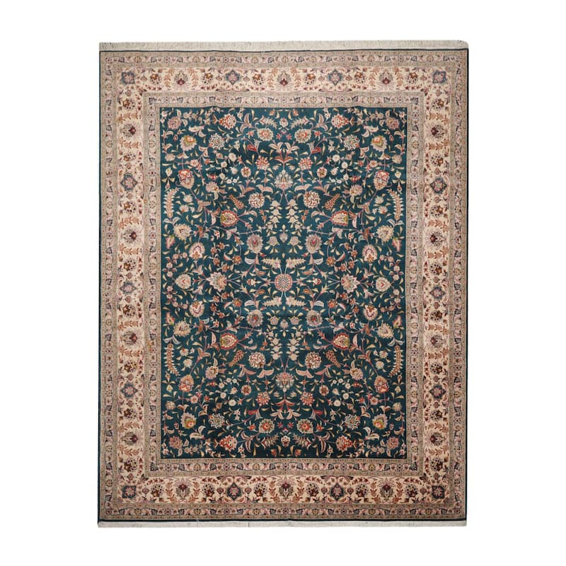 Hand Knotted Teal Persian Wool & Silk Traditional Oriental Area Rug - 10' x 13' 4''