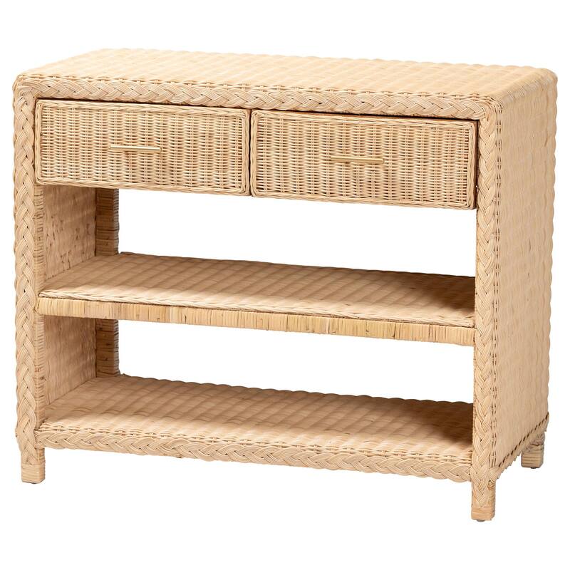 Lanica Braided Natural Rattan Console Table with Drawers and Shelves – Coastal Style Cabinet for Entryway or Living Room