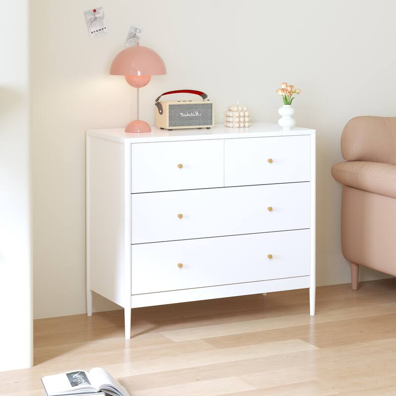 Anmytek White 4 Drawer Dresser Minimalist Storage Chest with Wood Knobs