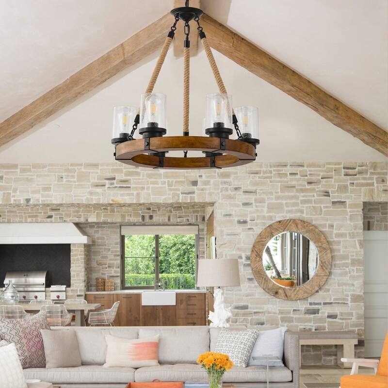 Wood Wagon Wheel Chandelier Farmhouse 6 Light with Seeded Glass Shade - 21.6inch - 21.6inch - Wood