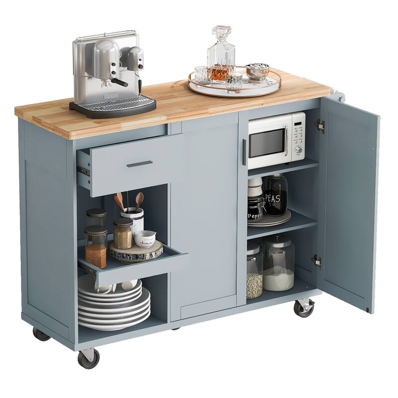 Space-Saving Kitchen Island with Foldable Countertop, Rolling Cart on Wheels, Towel Rack, Drawer & Slide-Out Shelf