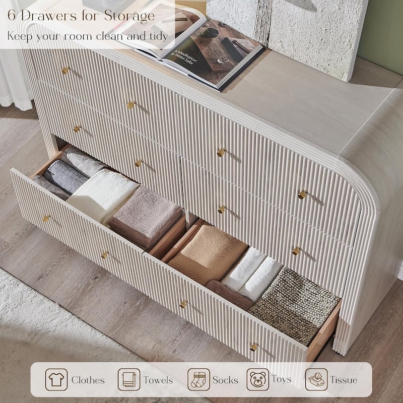 Modern Fluted 6 Drawers Dresser, Wood Chest of Drawers for Bedroom