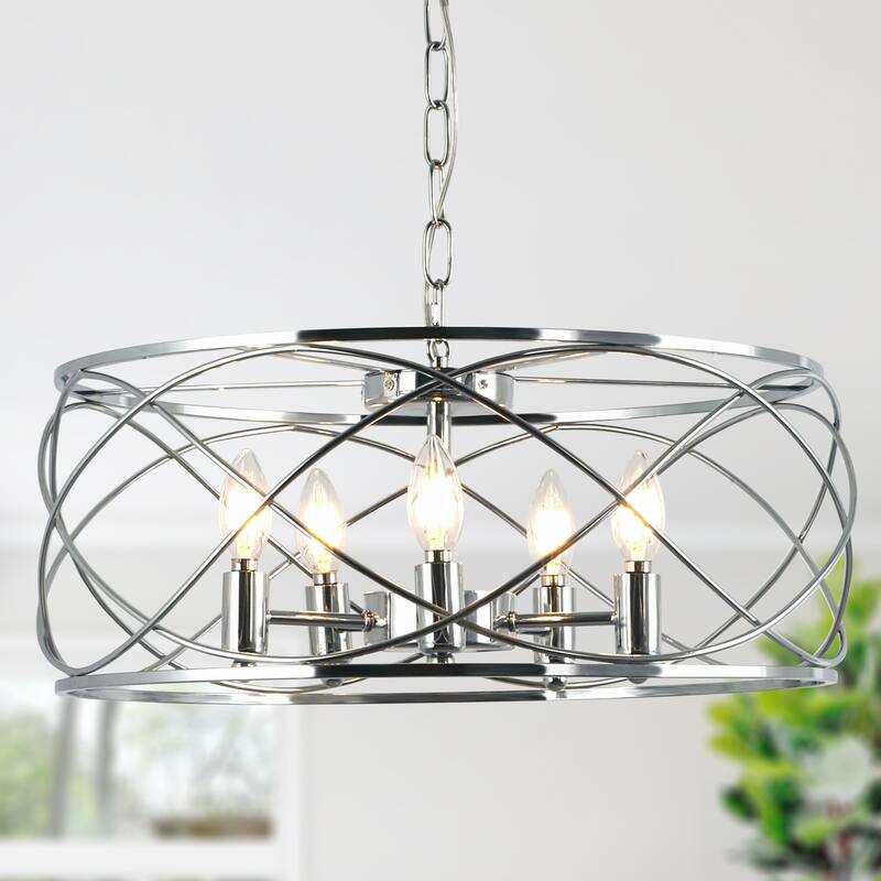 CurveCurio 20" Modern Industrial Caged Light, Contemporary Chandelier w 5 Lights, Adjustable Hanging Chain for Dinging Area - Chrome
